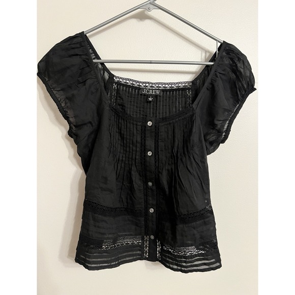 J.CREW Tops - J. Crew Lace-trim Pintuck Top in Cotton Voile Black Size S Cap Sleeves Dainty